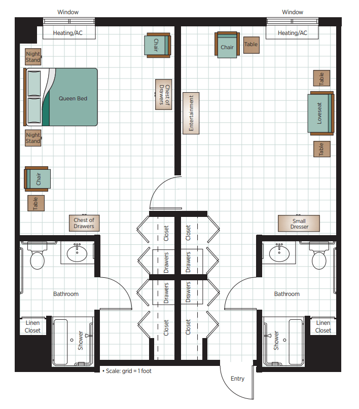 A floor plan of a two-bedroom apartment showing bathrooms, kitchens, and living areas.