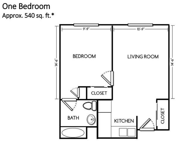 A floor plan of a one-bedroom apartment with approximately 540 square feet, including a bathroom, kitchen, living room, and closet.