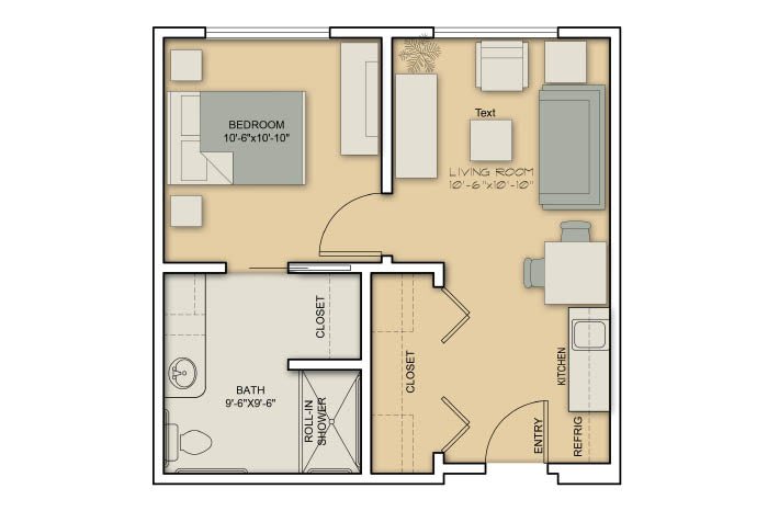 A floor plan of a compact one-bedroom apartment with a bathroom, living area, and kitchen.
