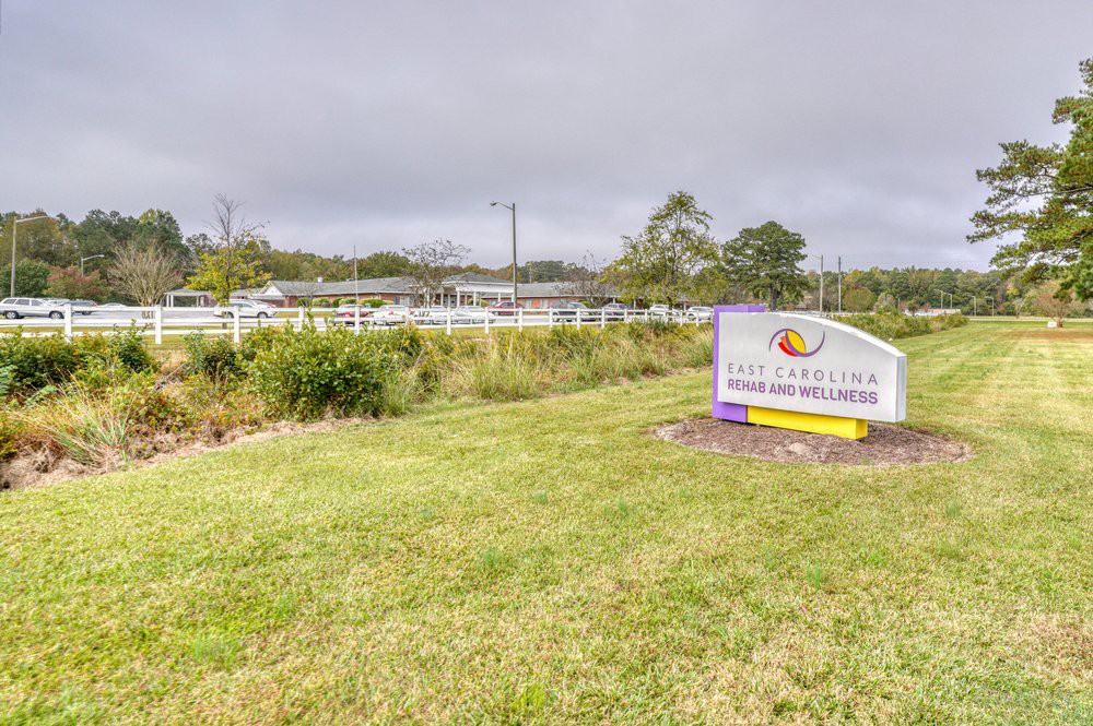 A roadside sign in a grassy area with a cloudy sky backdrop.