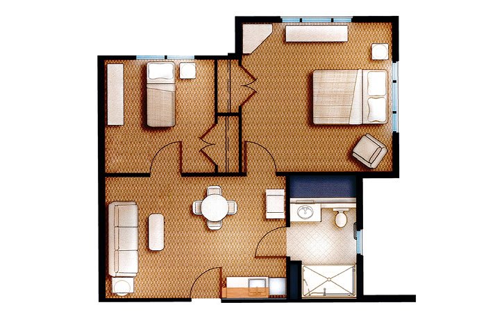 A floor plan of a two-bedroom apartment with furniture layout.
