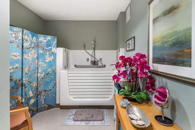 A cozy bathroom featuring a walk-in tub, vibrant flowers, and calming decor.