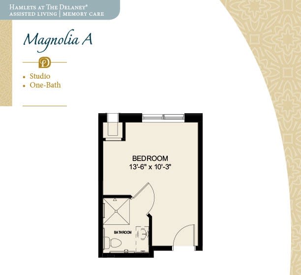 Magnolia A studio apartment floor plan with bedroom and bath layout.