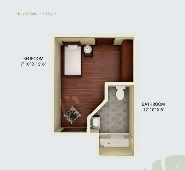 A floor plan featuring a bedroom and bathroom layout.