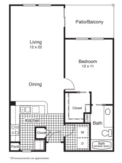 A floor plan of a one-bedroom apartment featuring a living room, kitchen, dining area, bathroom, and balcony.