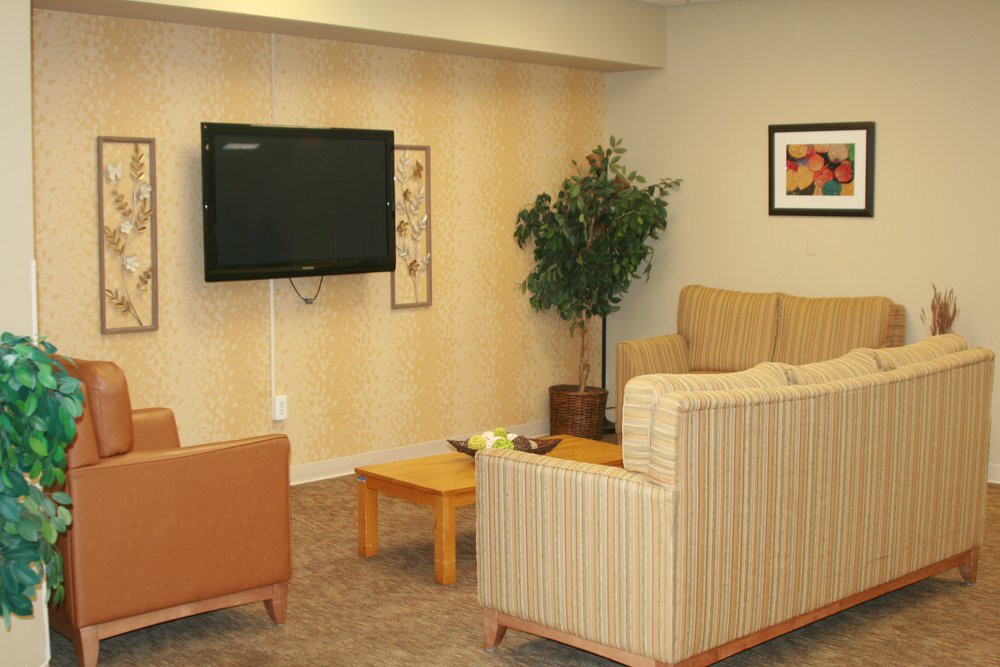 A cozy living room with a sofa, wall-mounted television, coffee table, and a potted plant.