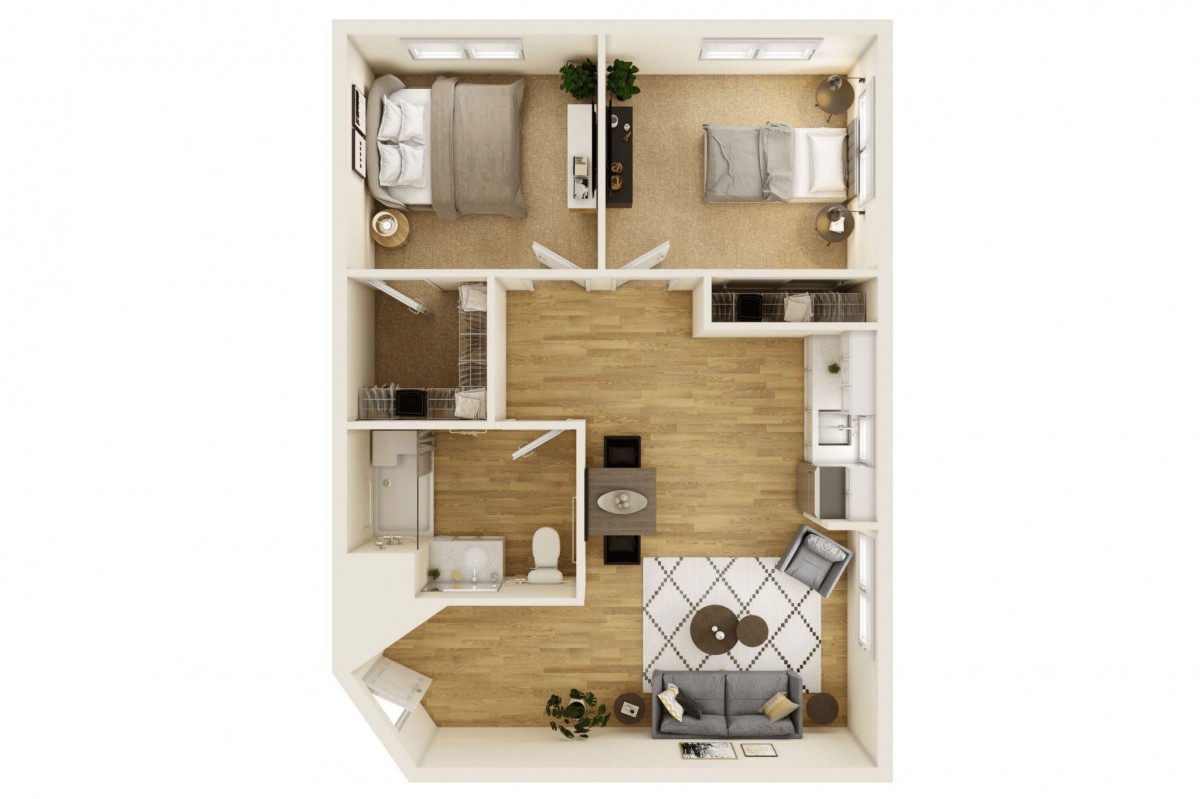 2-bedroom apartment floor plan showcasing a living room, kitchen, and bathroom.