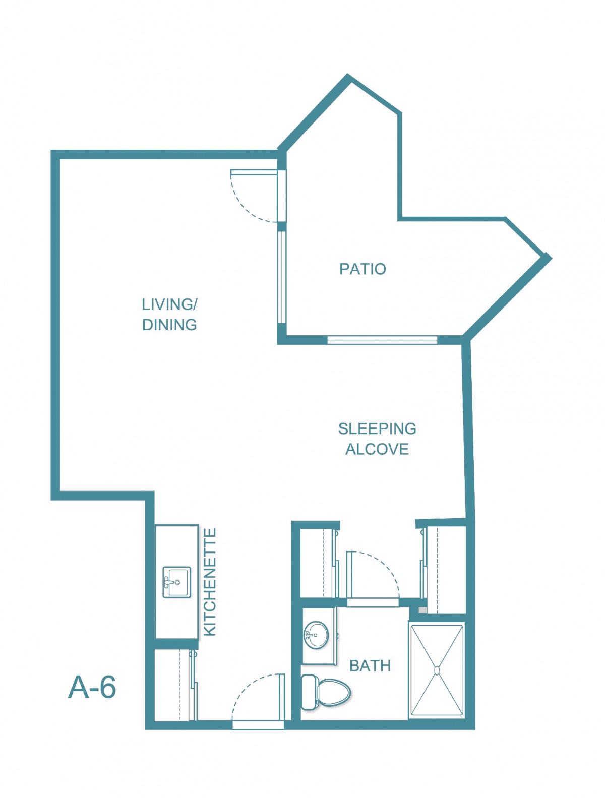A studio apartment floor plan featuring a living/dining area, kitchen, bathroom, sleeping alcove, and patio.