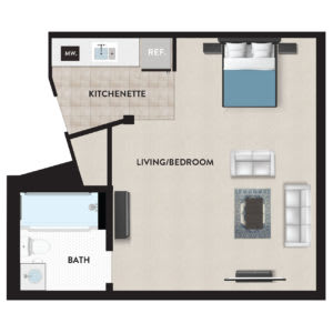 A floor plan of a studio apartment featuring a kitchenette, living area, bedroom space, and bathroom.