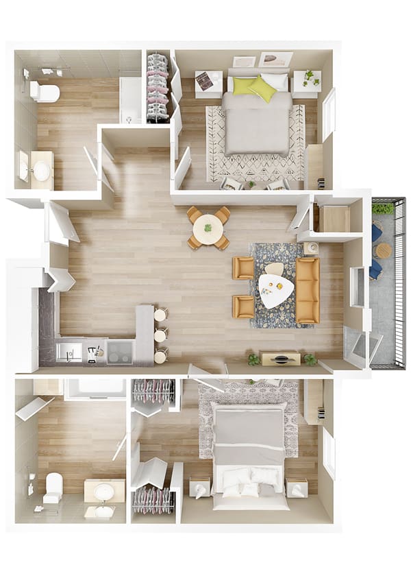 A detailed floor plan of a modern 2-bedroom apartment with an open living and dining area.