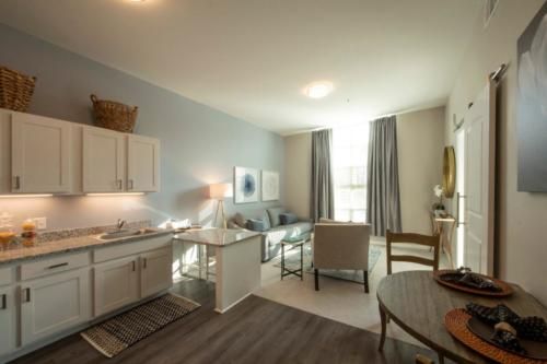 A modern and cozy studio apartment interior with a small kitchen and living area.