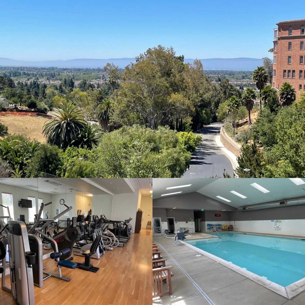 A scenic view of the countryside alongside a gym and indoor pool facility.