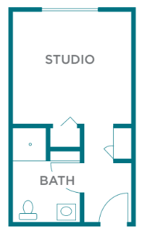 A simple floor plan of a studio apartment with a bathroom.