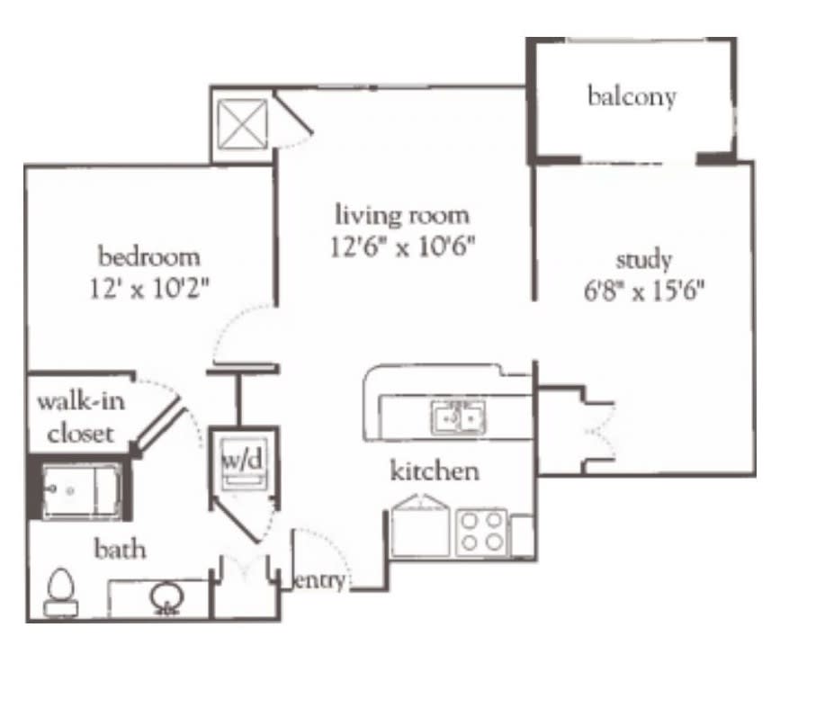 A floor plan of an apartment showing the layout of rooms including a bedroom, living room, kitchen, bathroom, study, and balcony.
