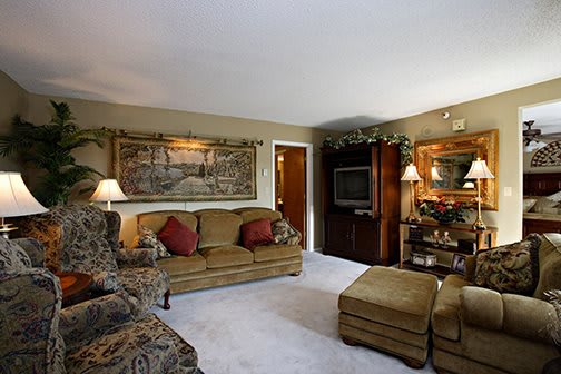 A cozy living room with traditional decor, featuring a sofa and armchairs, a television, and a decorative mirror.