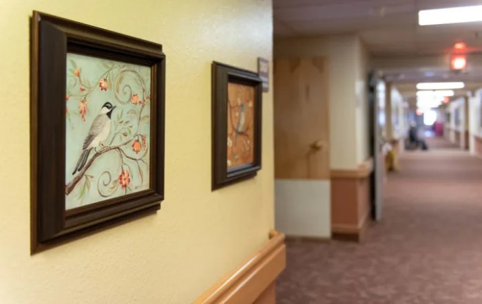 A hallway featuring framed artwork on the walls, creating a welcoming and artistic atmosphere.