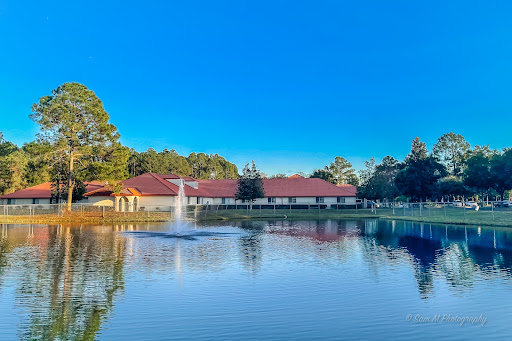 A scenic view of a serene lake with a fountain surrounded by lush greenery and charming buildings under a clear blue sky.