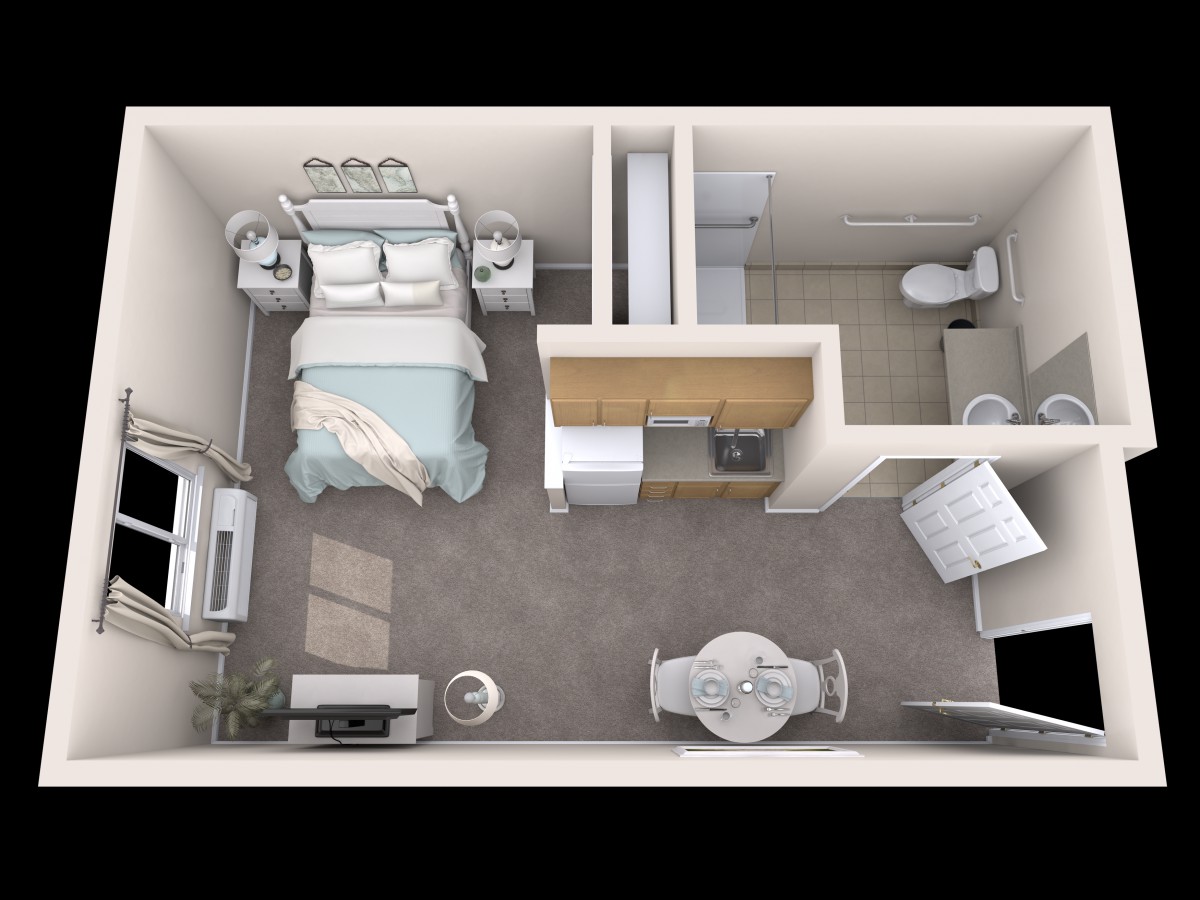 A compact 1-bedroom apartment floor plan showcasing a small bedroom, kitchenette, and bathroom.