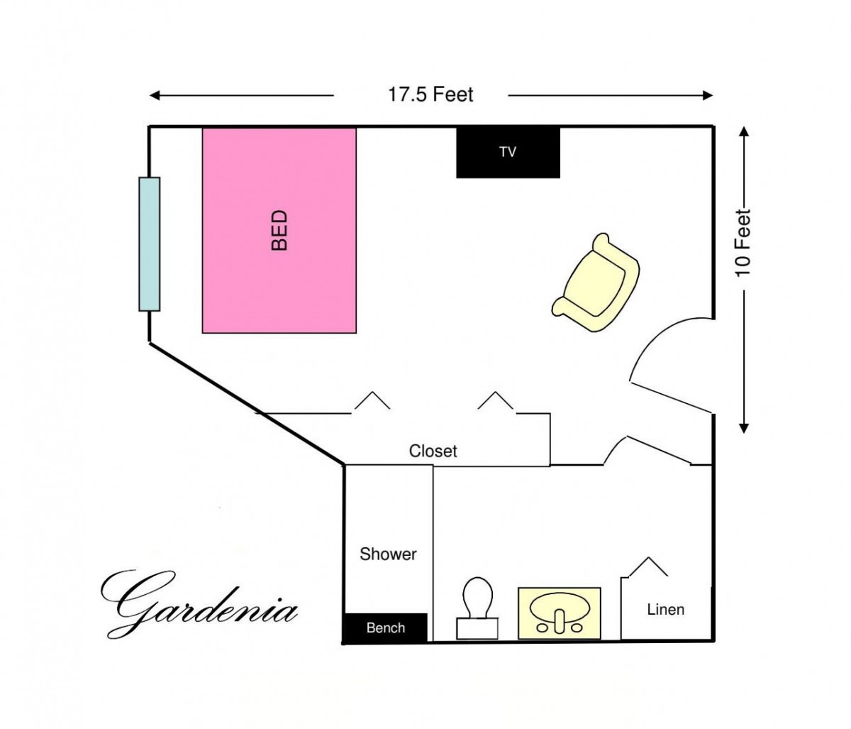 A floor plan of a bedroom labeled 'Gardenia', featuring dimensions and furniture arrangement.