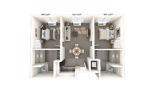 An overhead view of a two-bedroom apartment floor plan featuring a central living area.