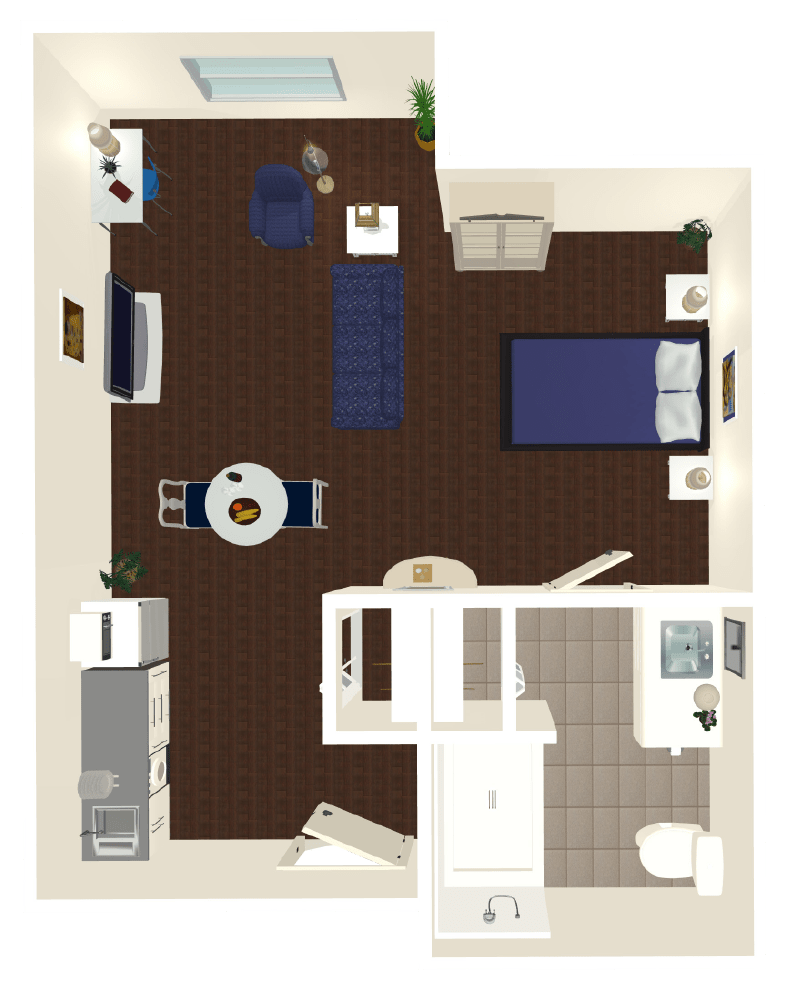 A top-down view of a one-bedroom apartment layout with furniture arrangement.