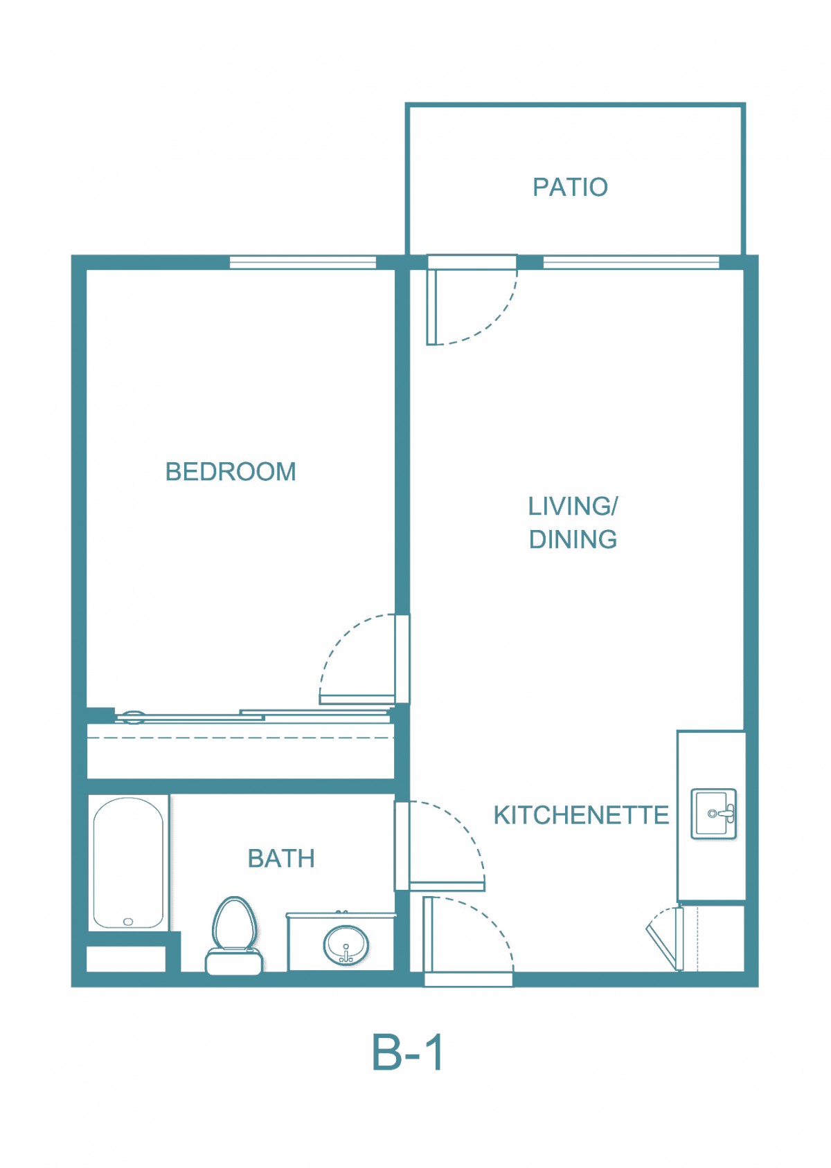 A floor plan of a small apartment featuring a bedroom, living/dining area, kitchenette, bathroom, and patio.