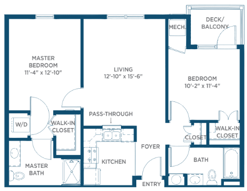 A detailed floor plan of a two-bedroom apartment with labeled rooms and dimensions.
