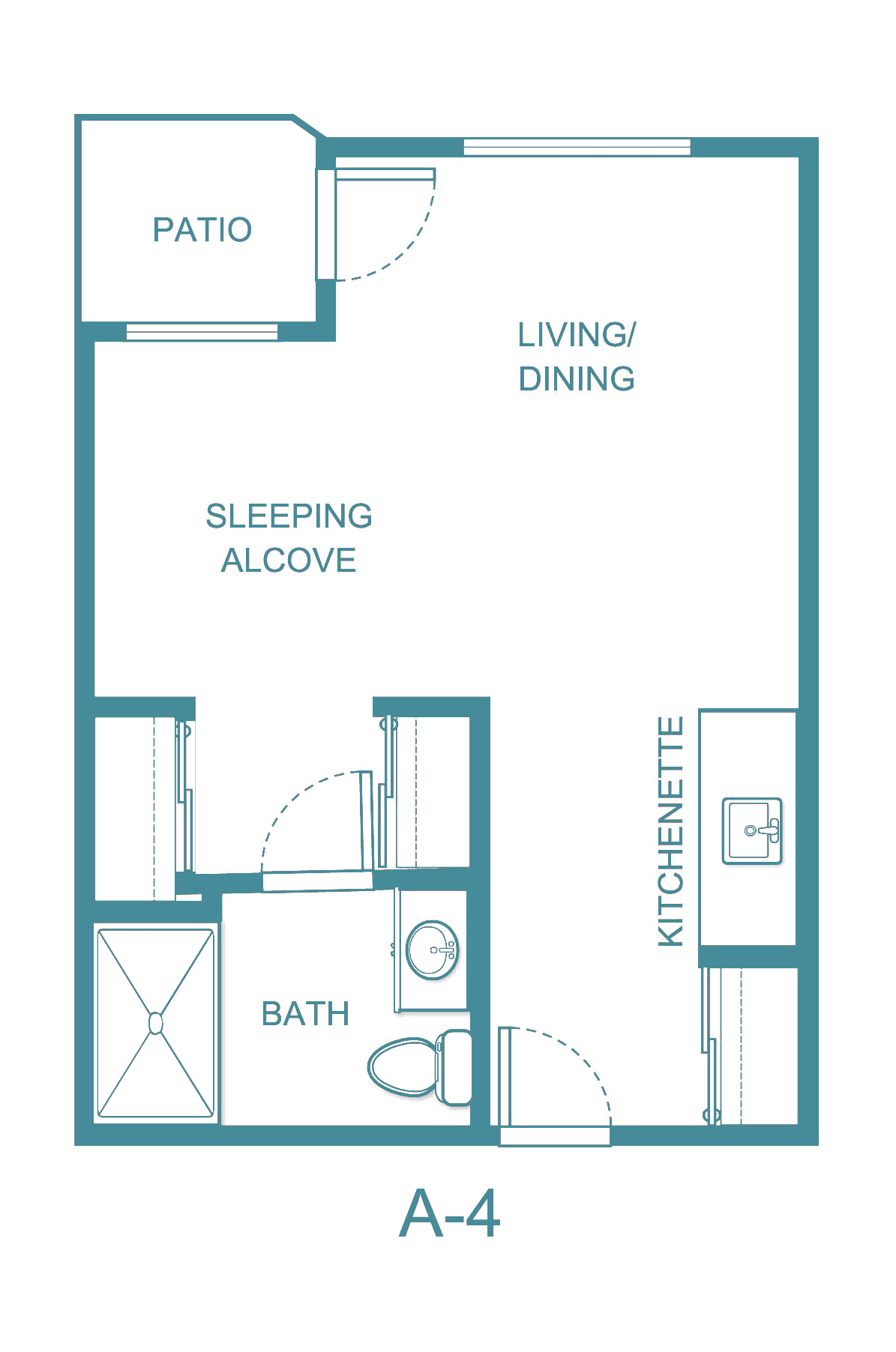 Studio apartment floor plan showing living/dining area, sleeping alcove, kitchen, and bath.