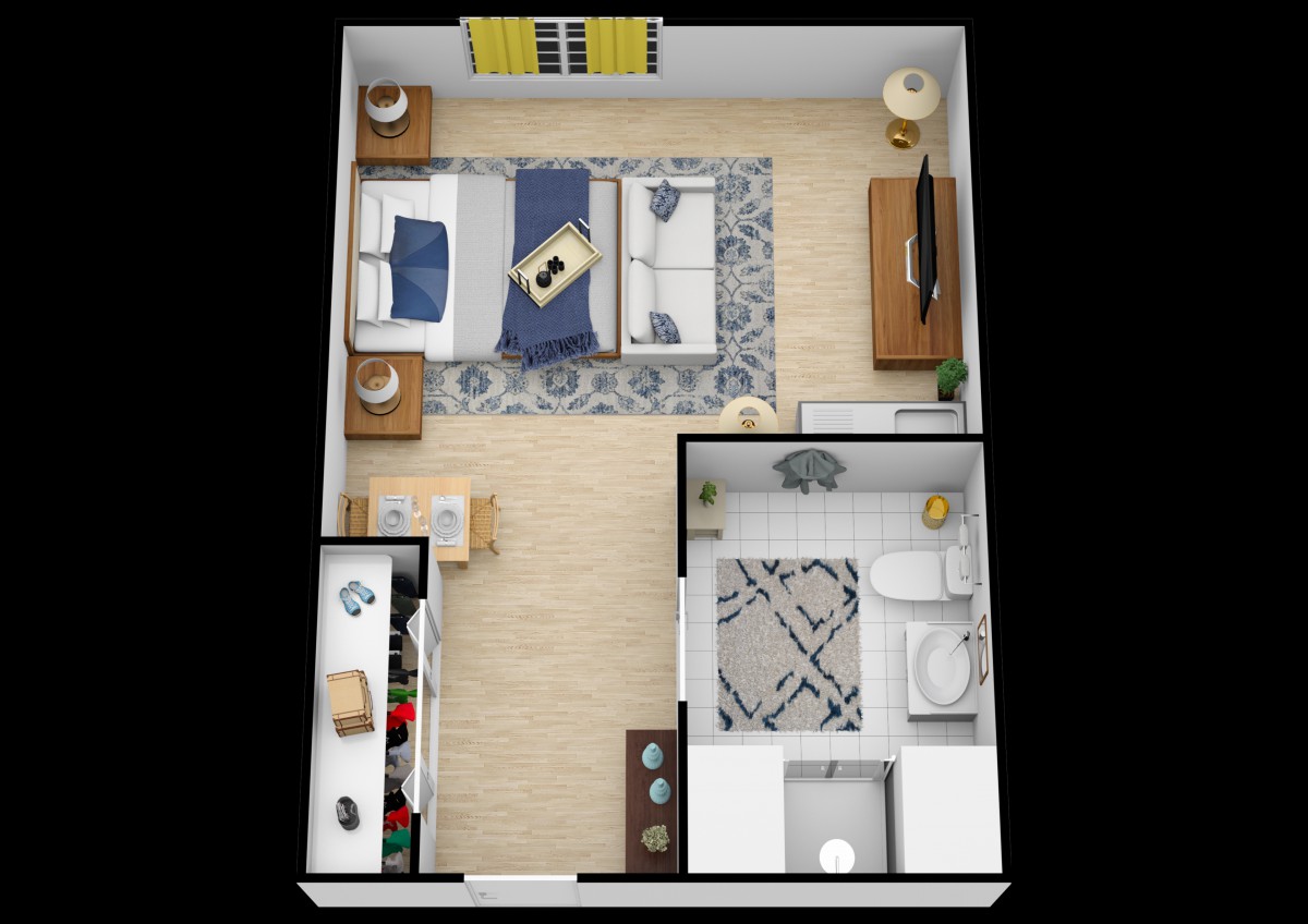 A 3D floor plan of a studio apartment featuring an open bedroom, kitchen, and bathroom layout.