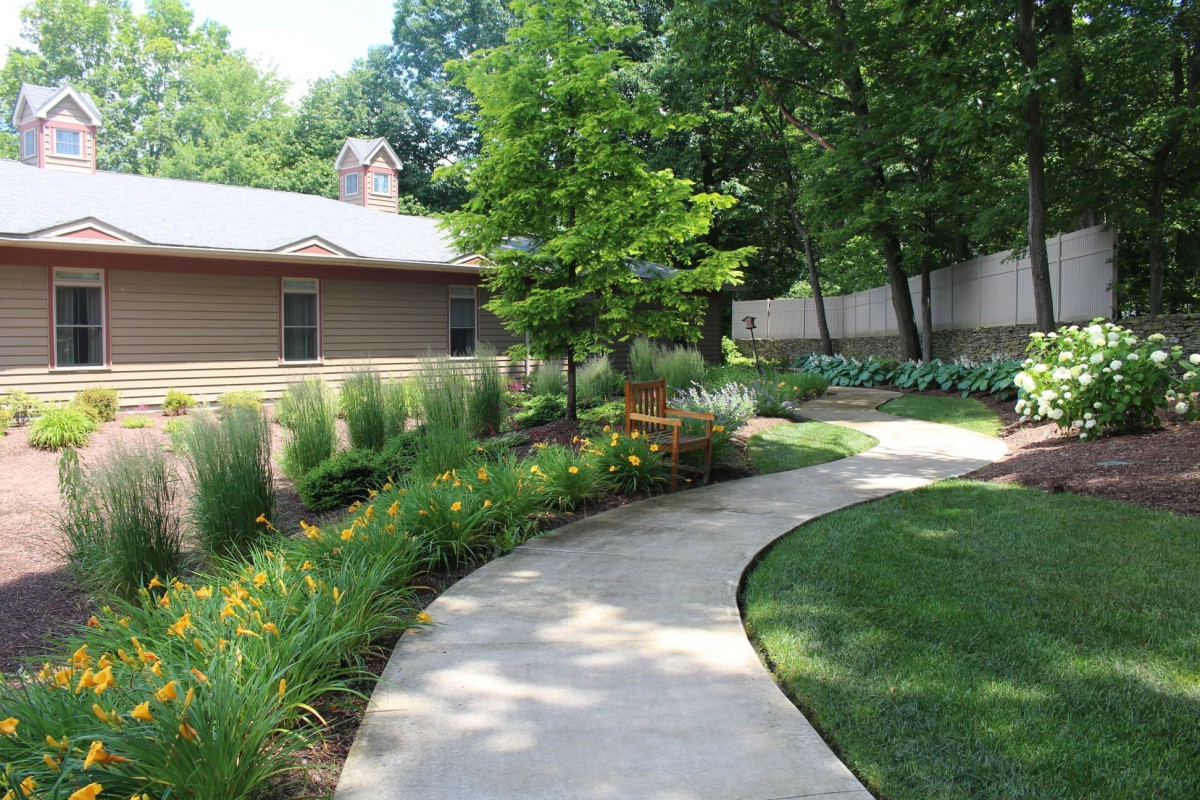 A serene garden pathway lined with lush greenery and blooming plants.