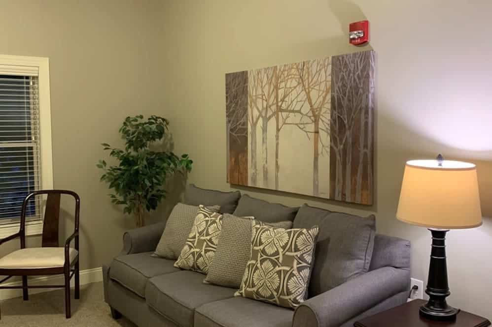 A cozy living room with a gray sofa, decorative cushions, and a nature-themed painting on the wall.