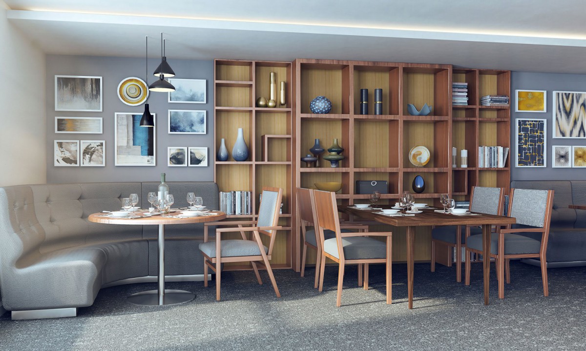 A modern dining room with wooden furniture and decorative shelving.