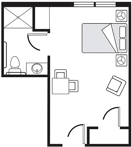 A simple floor plan showcasing a bedroom and bathroom layout with furniture placement.