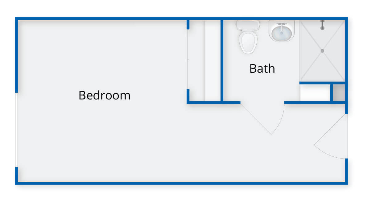 A simple floor plan showing a bedroom and a bathroom layout.