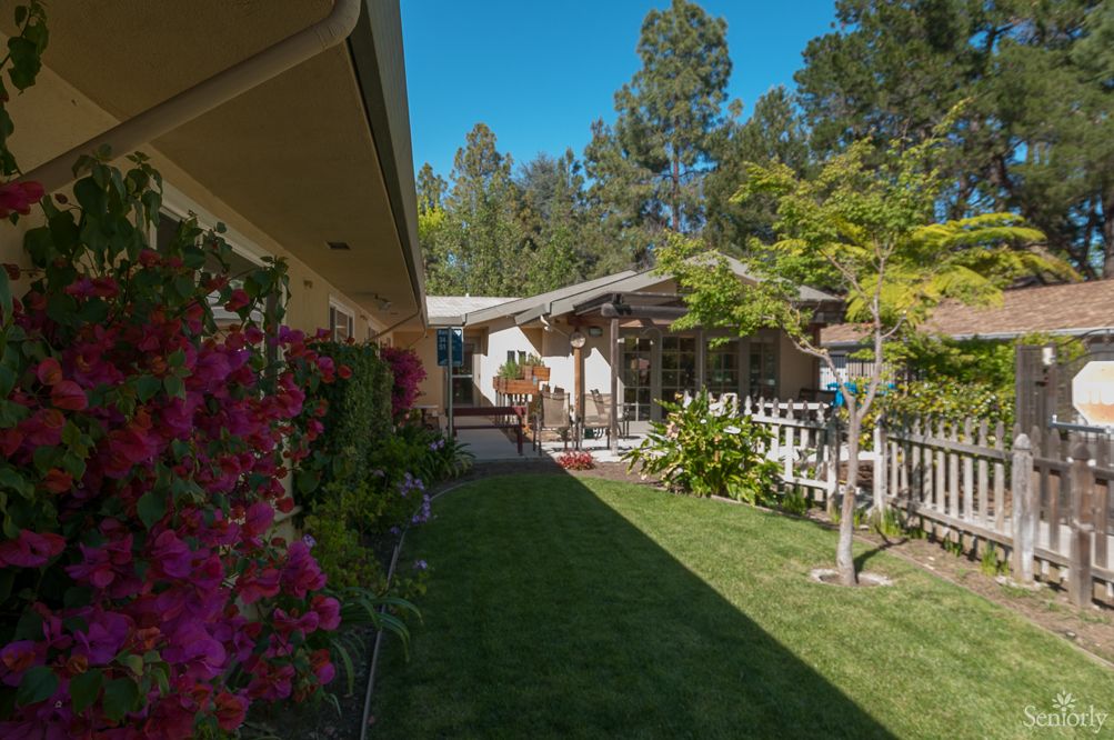 A serene backyard with a garden, patio, and vibrant flowers.