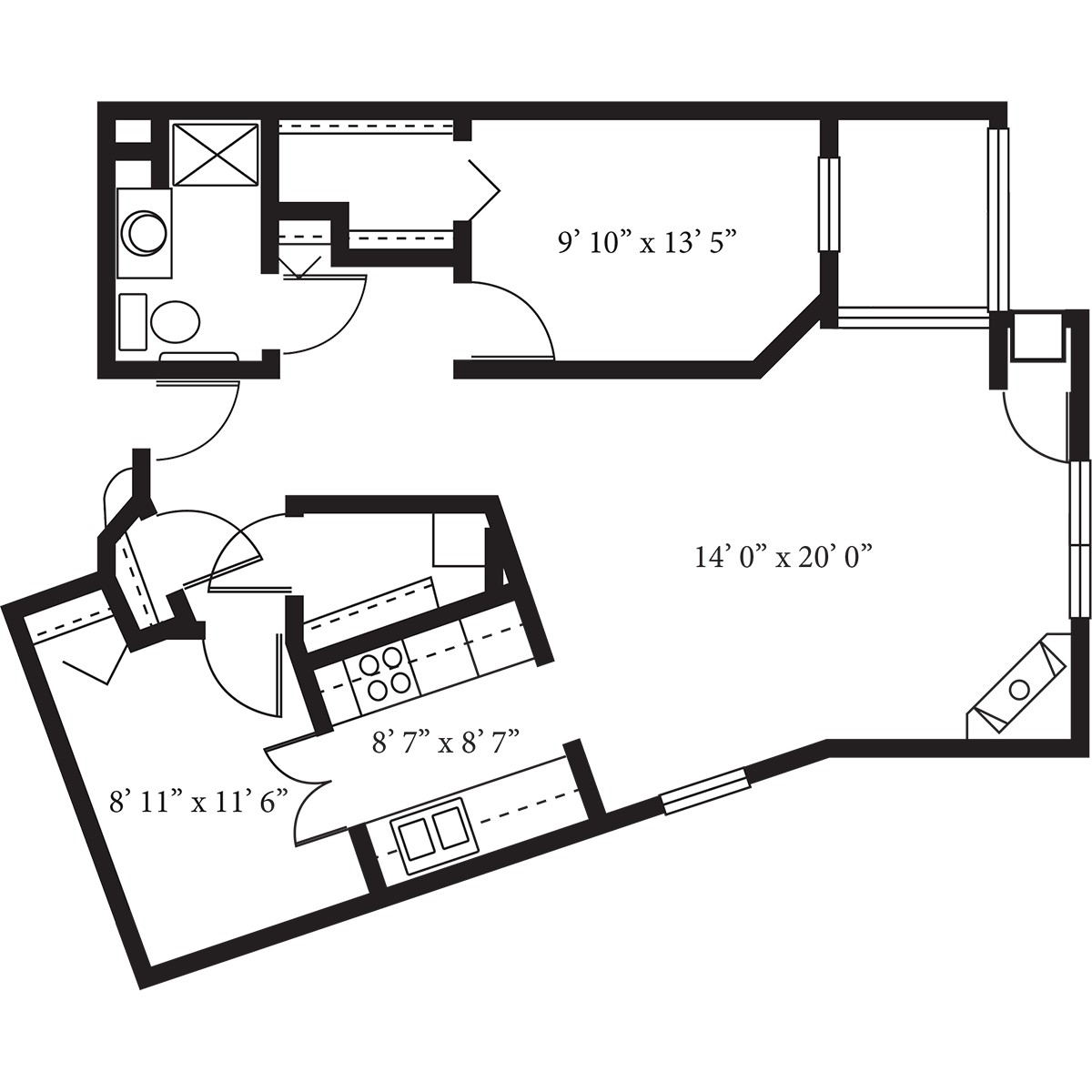 An architectural floor plan layout of an apartment, featuring multiple rooms and dimensions.