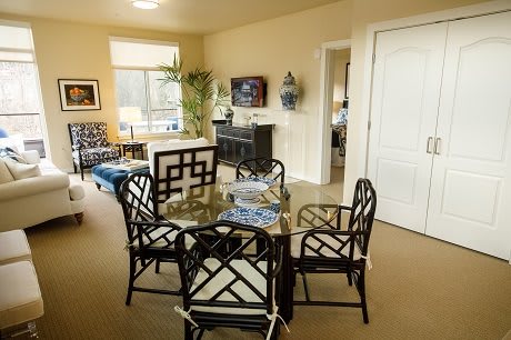 A cozy living room with a dining area featuring stylish furniture and decor.