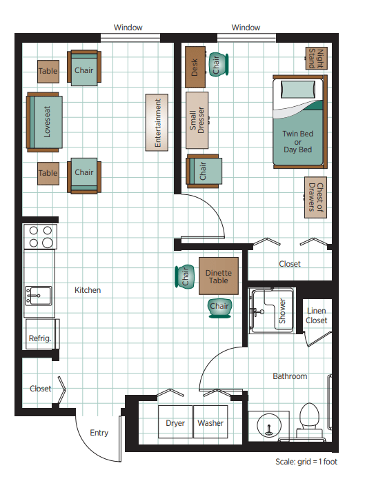 A floor plan of a one-bedroom apartment featuring a living room, kitchen, bathroom, and storage areas.