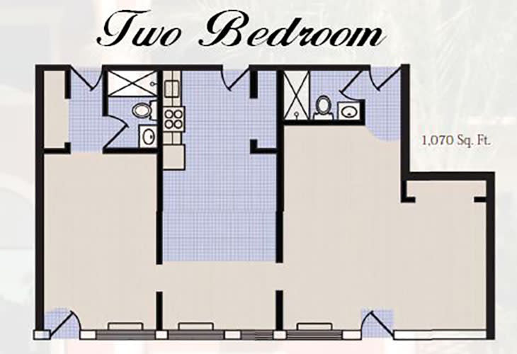 A floor plan of a two-bedroom apartment featuring a kitchen and two bathrooms.