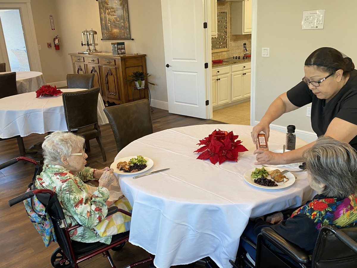 An elderly person and a caregiver sharing a meal at a dining table in an indoor setting.