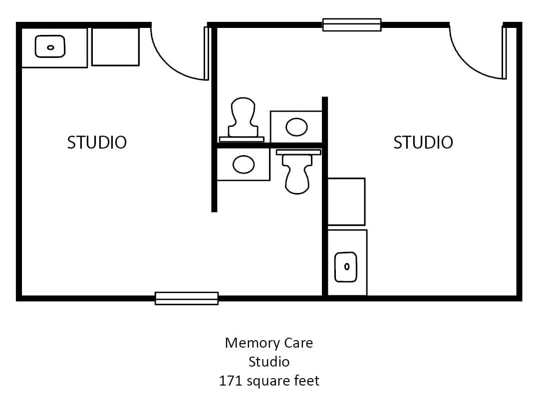A floor plan of a Memory Care Studio with 171 square feet.