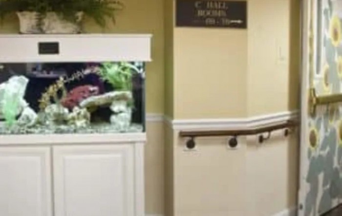 A hallway interior featuring an aquarium and a handrail.