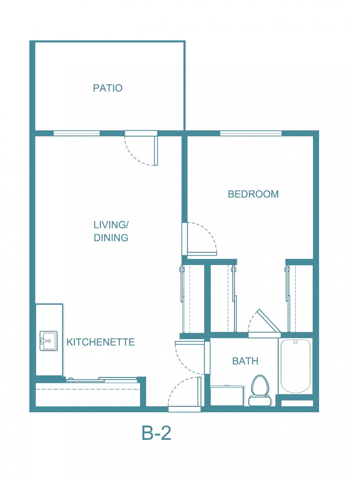 A simple one-bedroom apartment floor plan with a living/dining area, kitchenette, bathroom, and patio.