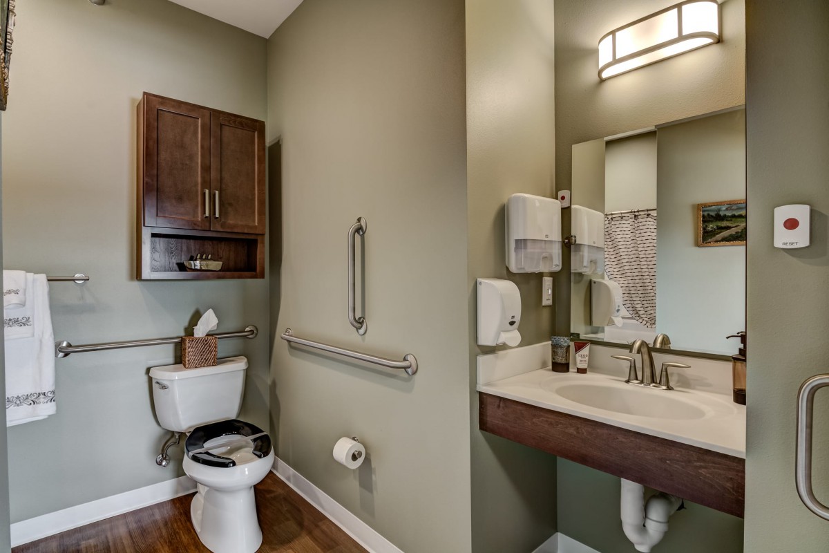 An accessible bathroom with a toilet, sink, mirror, and safety handrails.