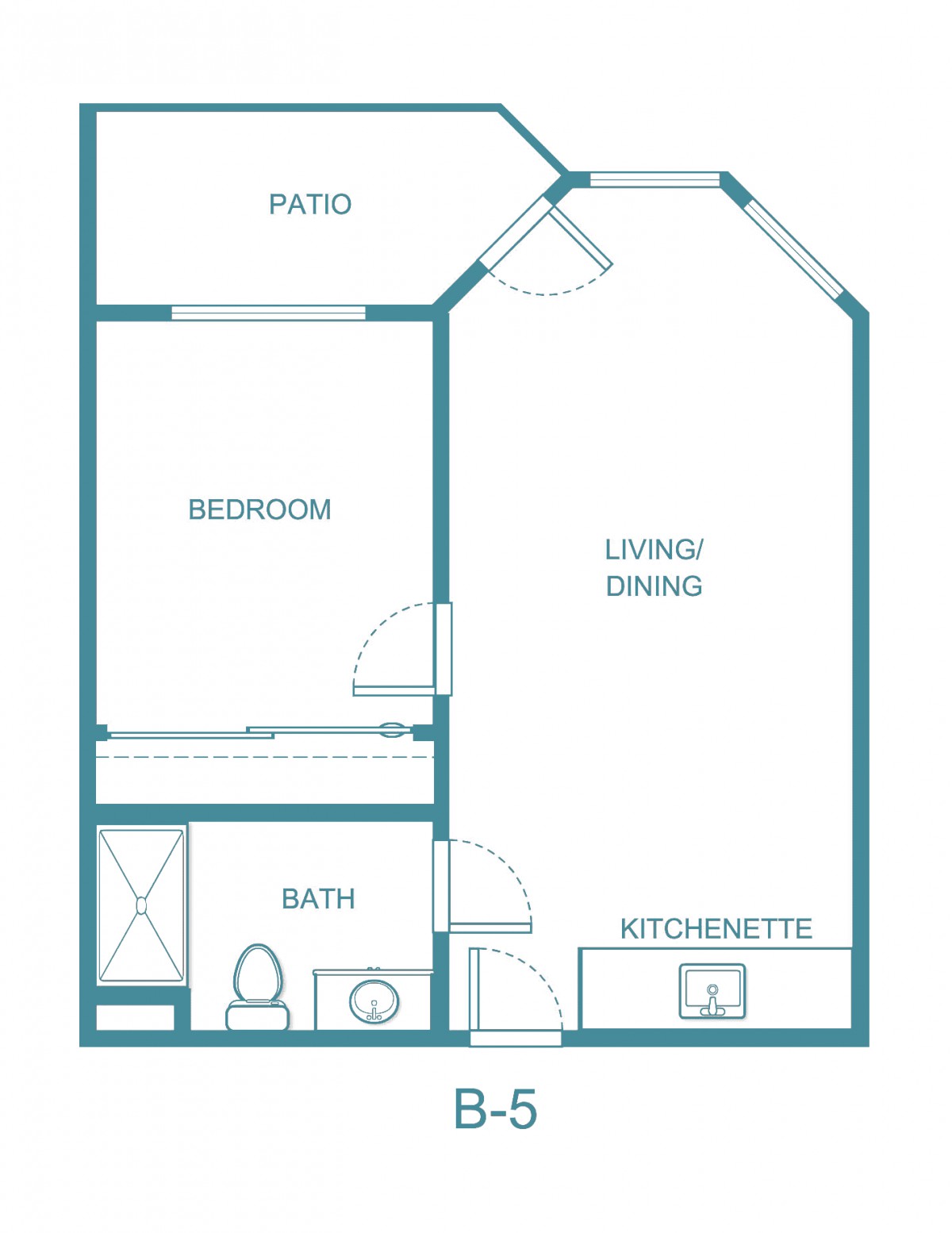 A floor plan of a one-bedroom apartment featuring a living/dining area, kitchenette, bathroom, and patio.