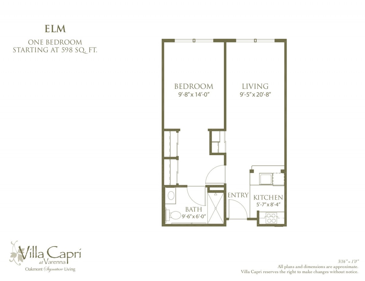 A floor plan of a one-bedroom apartment with designated living, bathroom, and kitchen areas.