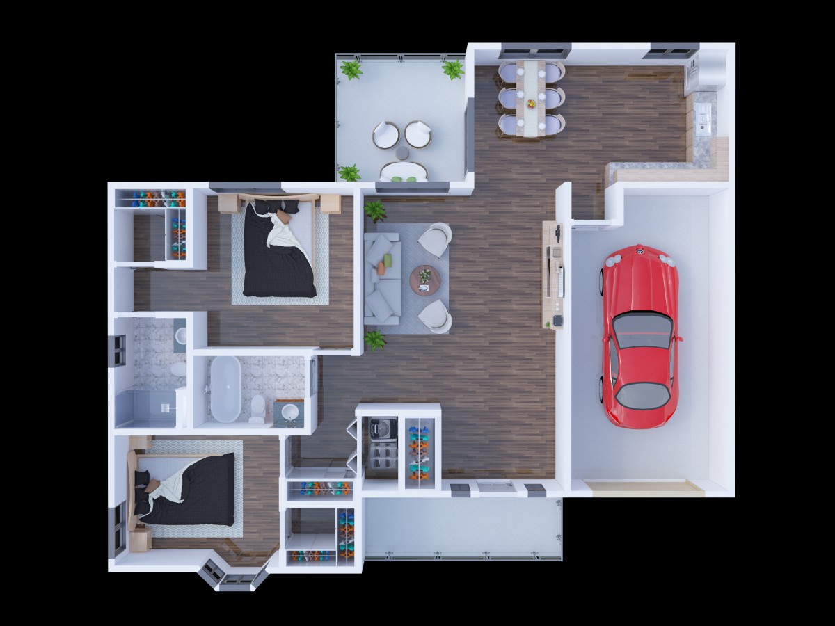 A 3D floor plan showcasing the layout of a modern home, including bedrooms, bathrooms, a kitchen, living area, and an attached garage.