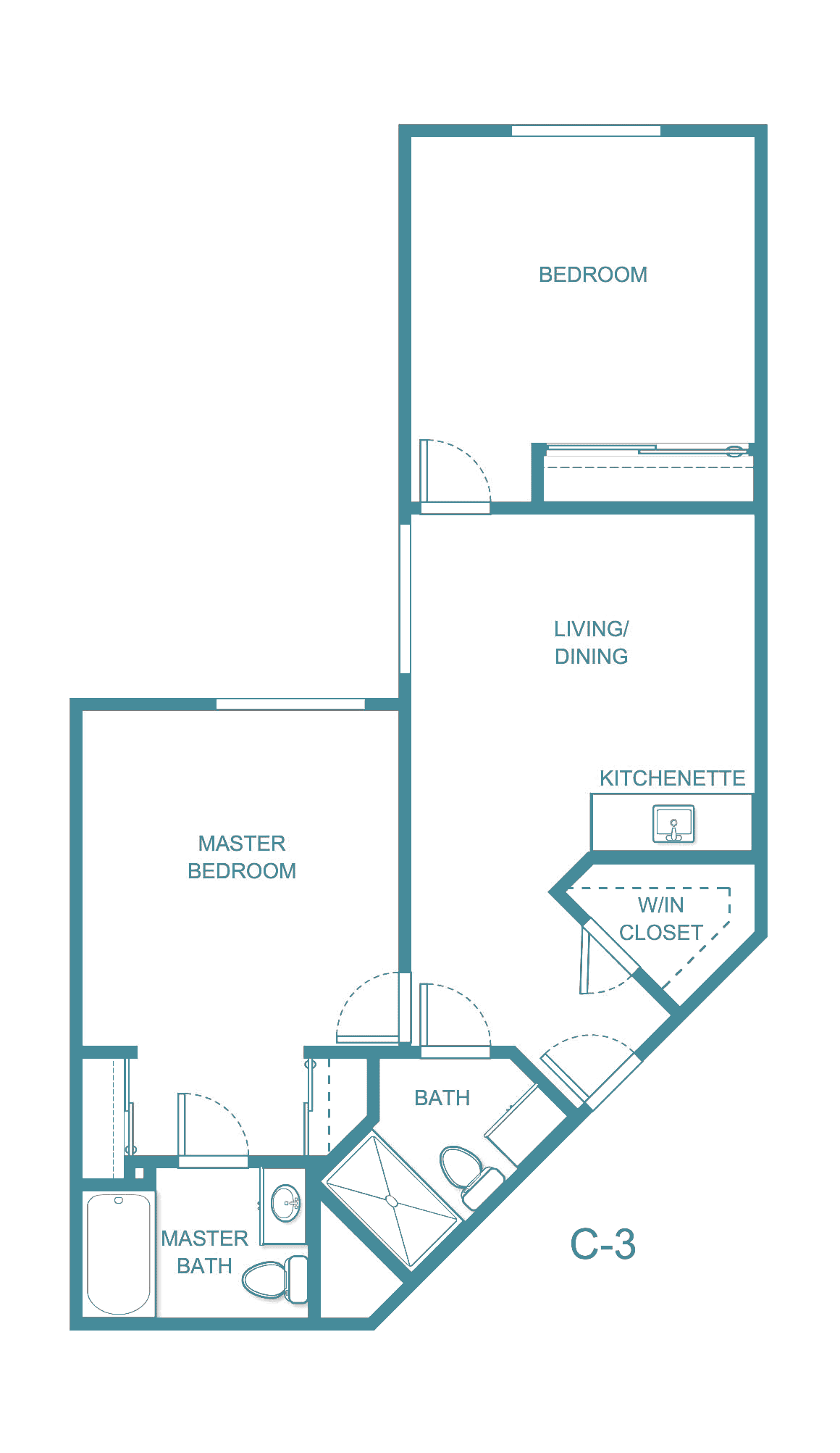 A floor plan of a one-bedroom apartment with a living/dining area, kitchenette, and bathroom.