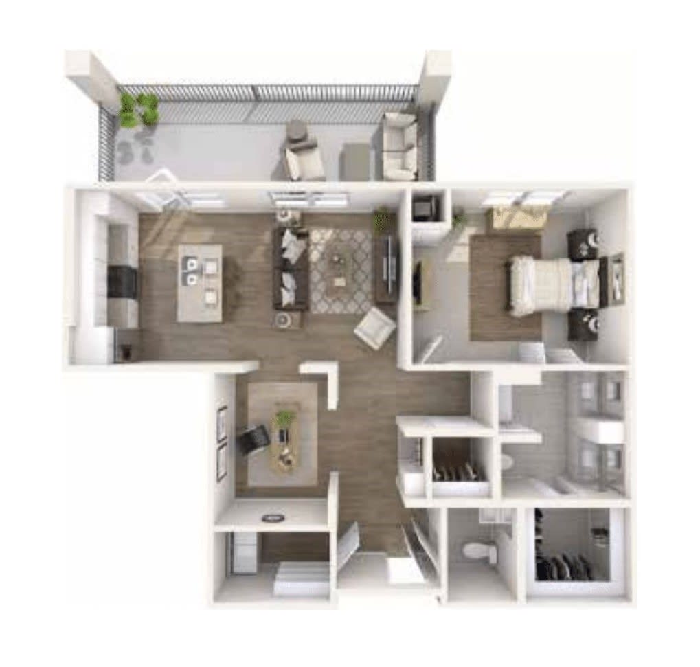 A detailed floor plan of an apartment showcasing a living room, bedroom, kitchen, and balcony.