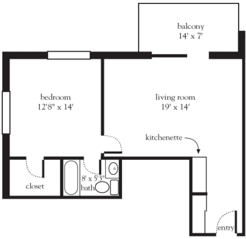 A floor plan of a one-bedroom apartment featuring a living room, kitchen, bathroom, closet, and balcony.